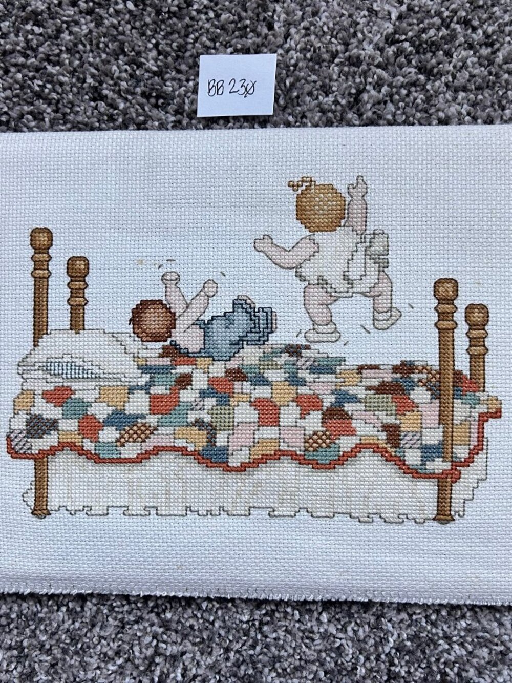 Cross Stitch Piece Finished Unframed Kids Jumping On The Bed